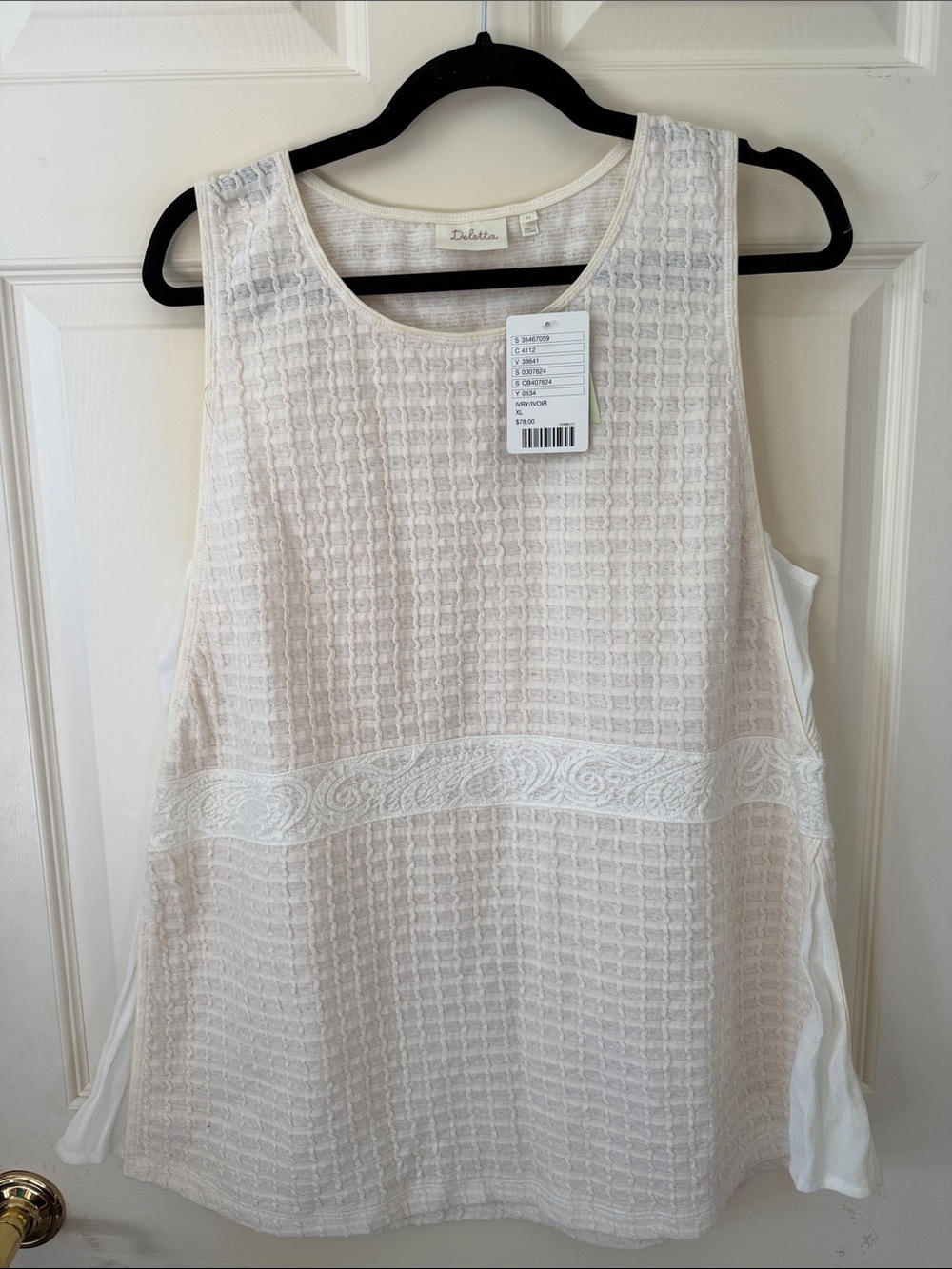 Deletta Cream Waffle Knit Tank with Embroidered Waistband